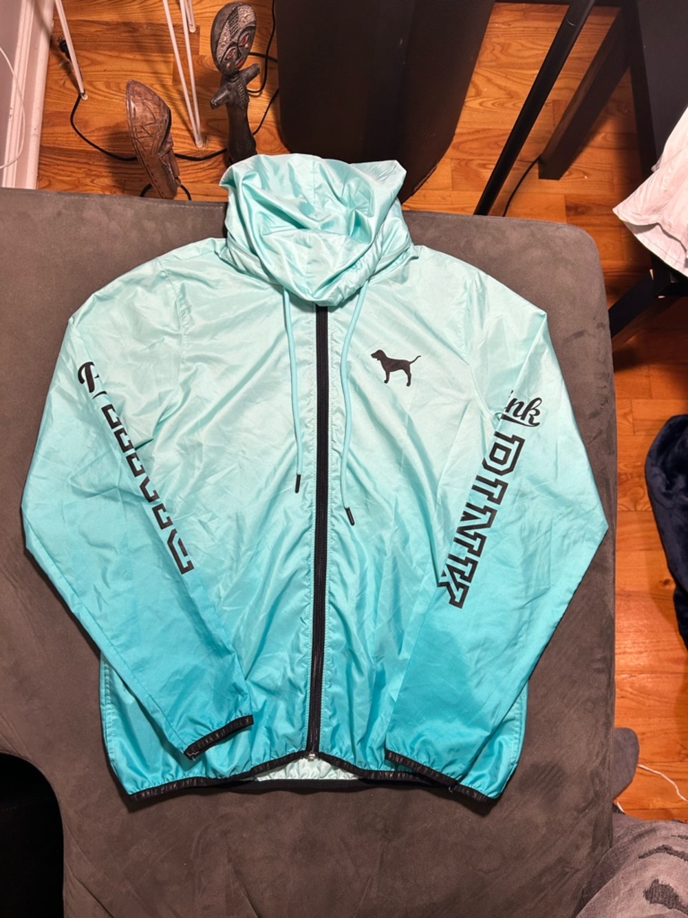 PINK Victoria’s Secret Windbreaker Jacket Teal Blue Logo Sleeve XS/S Lightweight